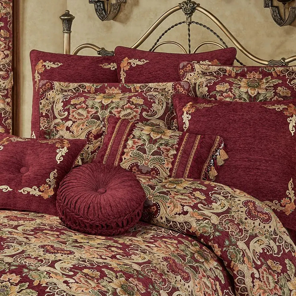 Chateau Traditional Luxury Bedding Warm Burgundy Red Chenille Colorful Woven Jacobean Florals 7 Piece Bed Set Oversized King Co