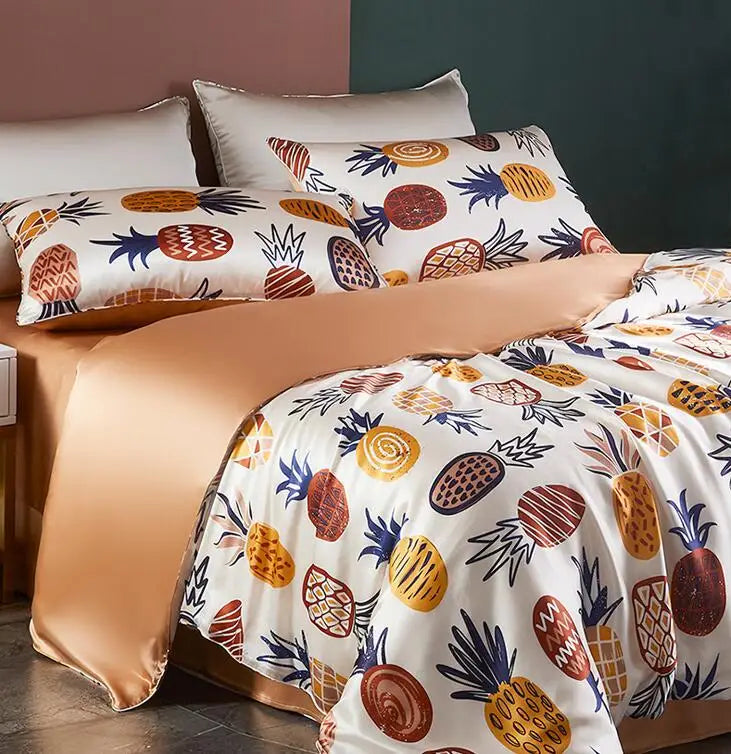 Silk Four Piece Set with 100 Mulberry Silk Fabric pineapple Digital Printing for Bedding Four Piece Set
