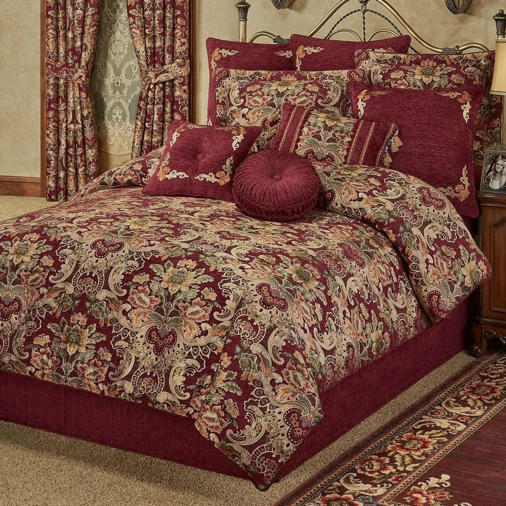 Chateau Traditional Luxury Bedding Warm Burgundy Red Chenille Colorful Woven Jacobean Florals 7 Piece Bed Set Oversized King Co