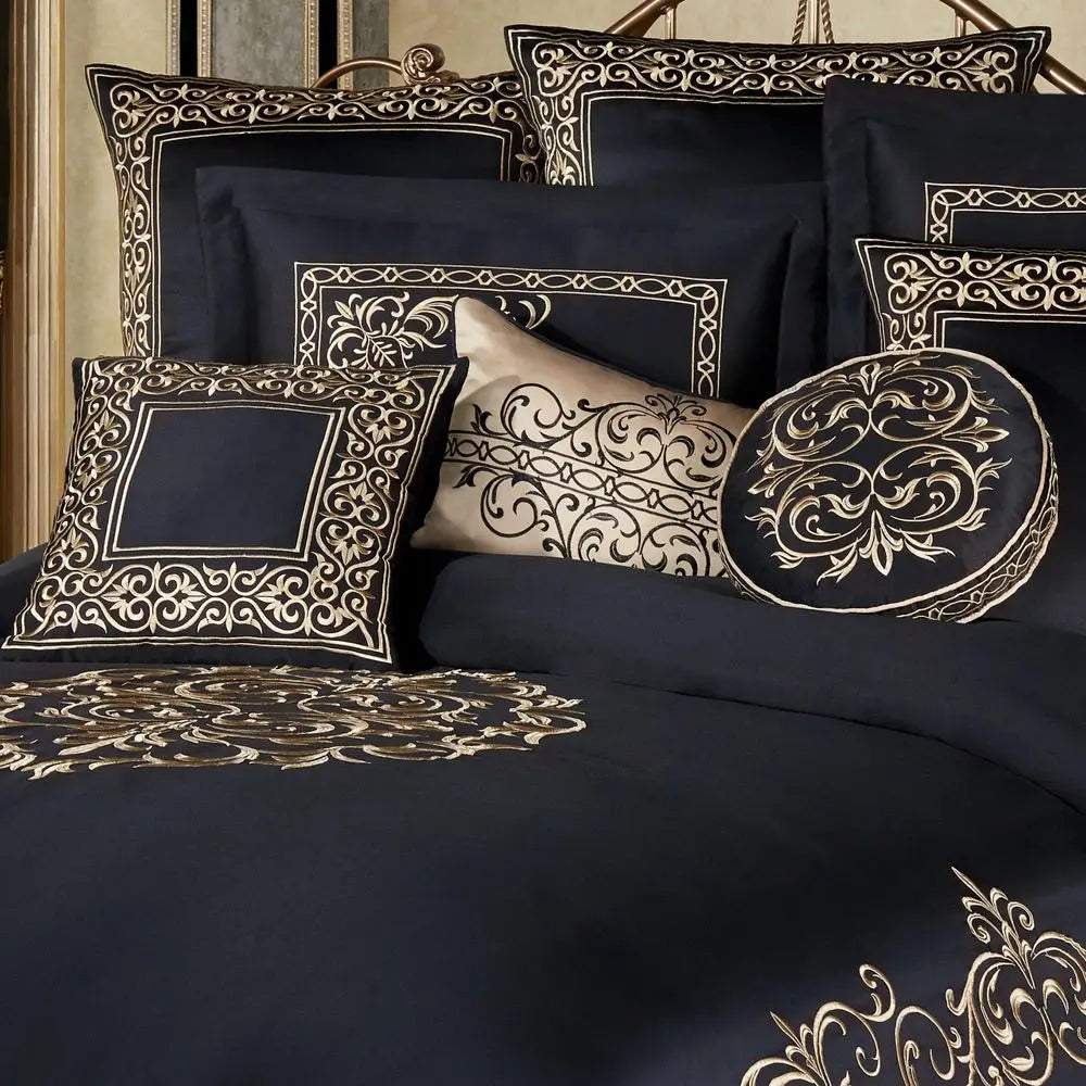 Luxury Bedding Classic Black PalaceInspired Golden Scrollwork Embroidery on Sateen 7 Piece Set Includes Cal King Comforter, Bed