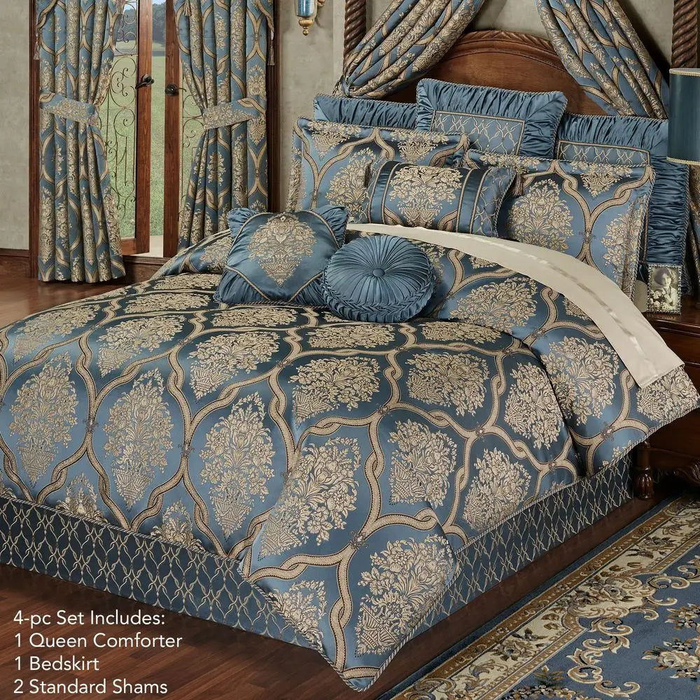 Castleton Bedding Sophisticated Jacquard Woven Damask Medallion Quatrefoil Steel Blue, Light Gold, Chocolate 4 Piece Set Queen