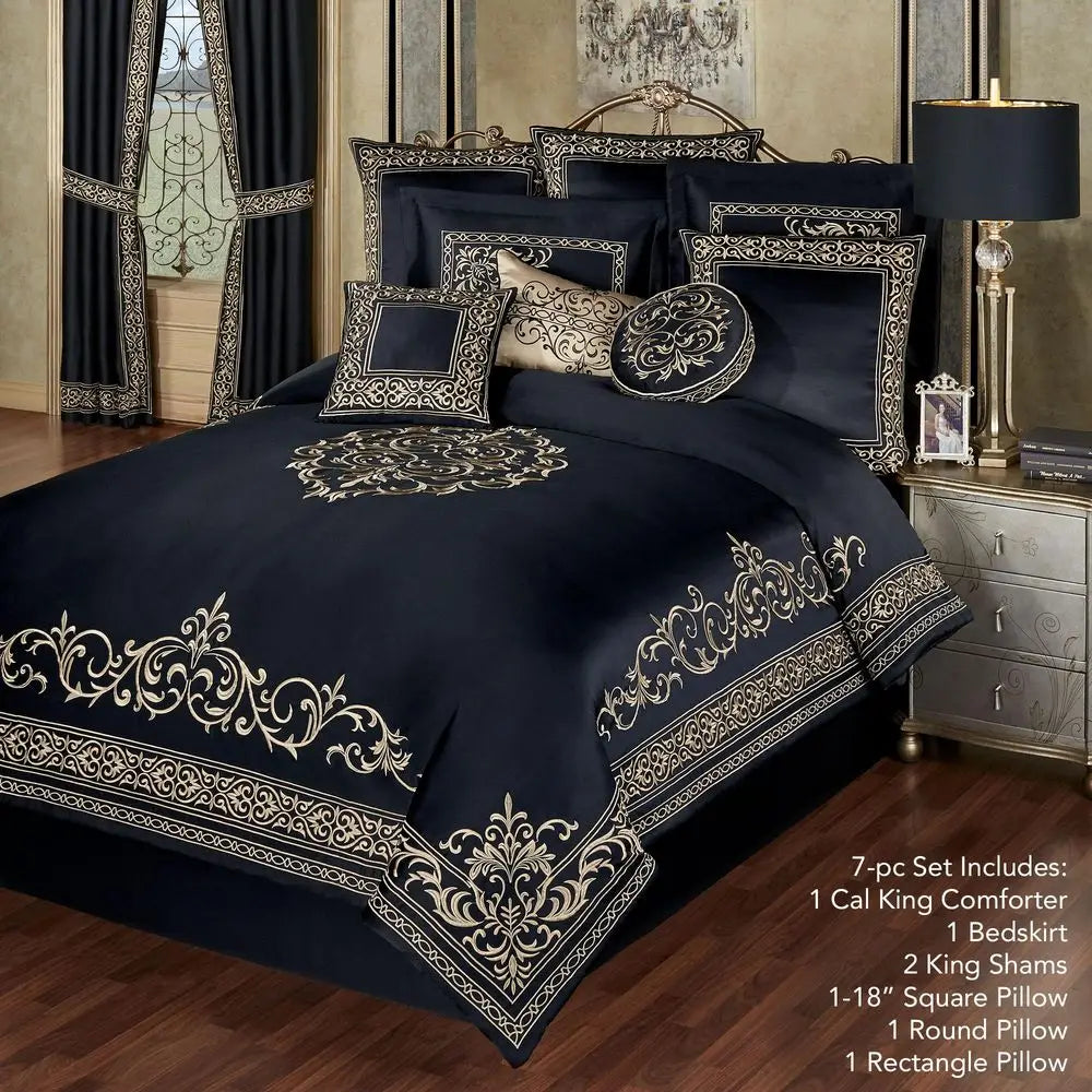 Luxury Bedding Classic Black PalaceInspired Golden Scrollwork Embroidery on Sateen 7 Piece Set Includes Cal King Comforter, Bed