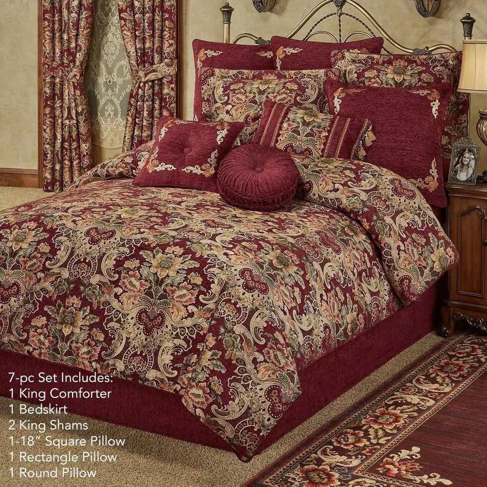 Chateau Traditional Luxury Bedding Warm Burgundy Red Chenille Colorful Woven Jacobean Florals 7 Piece Bed Set Oversized King Co