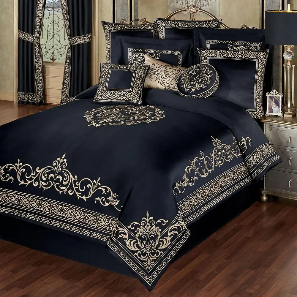 Luxury Bedding Classic Black PalaceInspired Golden Scrollwork Embroidery on Sateen 7 Piece Set Includes Cal King Comforter, Bed